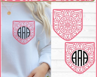 Mandala Monogram Pocket Design SVG File 2, dxf, eps, png, Shirt Pocket SVG, Faux Pocket SVG, Mandala SVG, Cricut SVG, Cut File, Pobierz