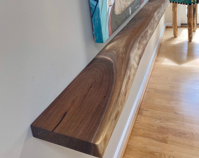 Featured listing image: Walnut Live Edge Floating Shelf | Solid Wood l HOVR Floating Bracket Included | Handmade in Chicago | Lifetime Guarantee