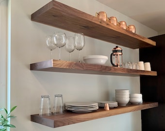 2" Thick Heavy Duty Walnut Floating Shelf, Kitchen Shelf, Book Shelf, HOVR Bracket Included, FREE SHIPPING