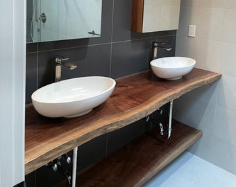 Thick Live Edge Black Walnut Vanity with Bottom Shelf, Floating bathroom powder room. Desk shelf wall mounted brackets Bathroom Decor