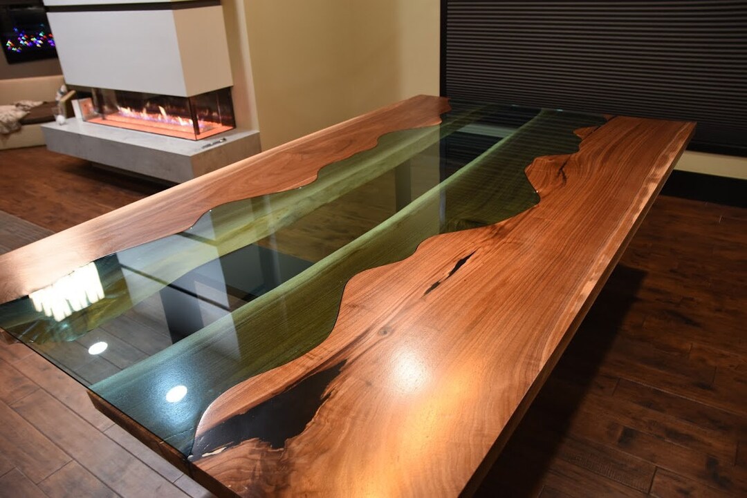 River Table Glass Table Live Edge Dining Table Glass Inlay