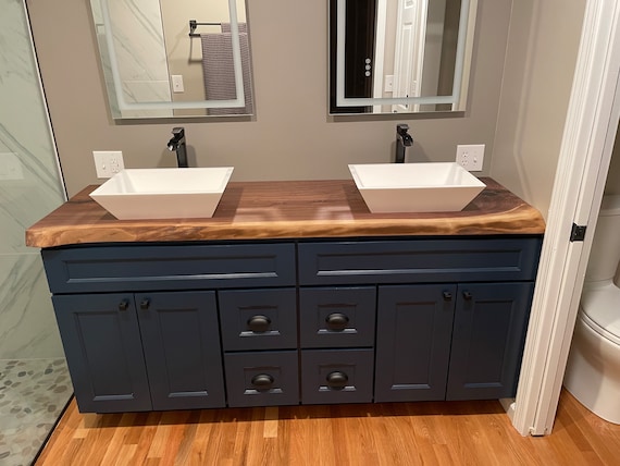 Wood and black bathroom vanity discount