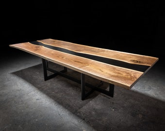 Black Walnut River Dining Table, Live Edge Wood and Black Epoxy Resin