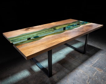 River Table - Glass Table - Live Edge Dining Table - Glass Inlay Table - Black Walnut Slab Table - Handmade Live Edge River Table