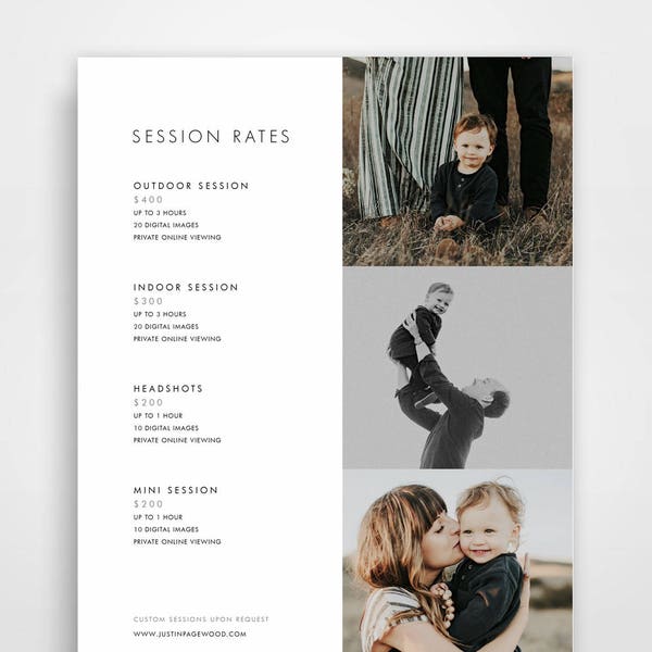 Photography Pricing Template, Photography Price List, Photography Price Sheet, Photographer Pricing, Photoshop Template, Pricing Guide