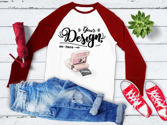 Tultex 245 Raglans White Red  Mockup T-Shirt