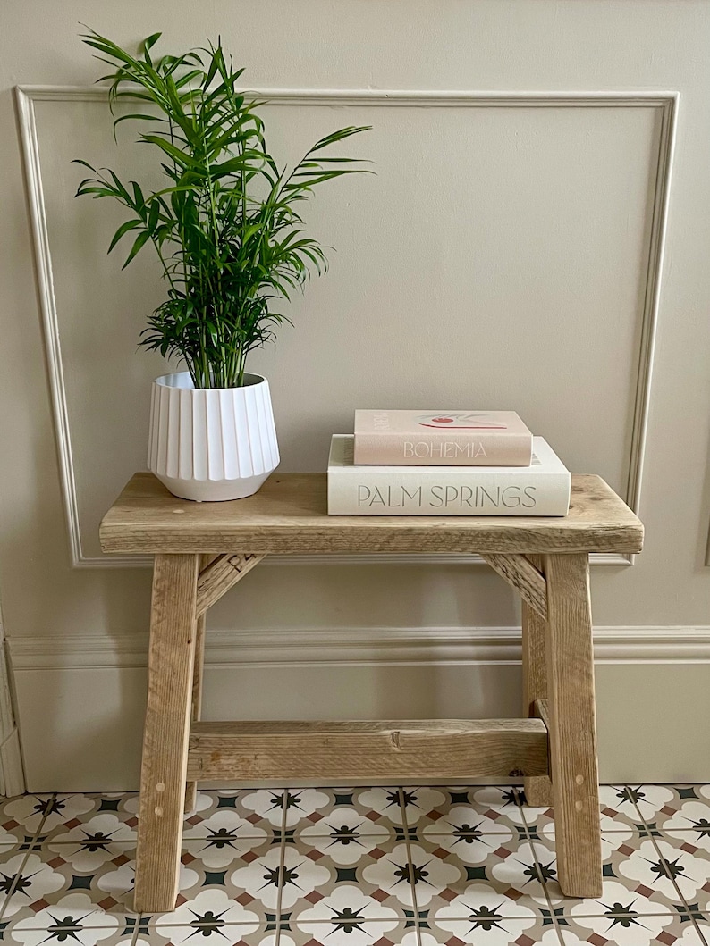May include: A small, rustic wooden bench with a potted green plant and two books. The white pot has a pleated design. The books are titled "Bohemia" and "Palm Springs". The bench is made of light-colored wood.