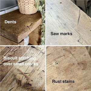 May include: Close-up of a rustic wooden surface with visible dents, saw marks, biscuit stitching over small cracks, and rust stains. The wood has a natural, aged appearance, with visible grain and imperfections.