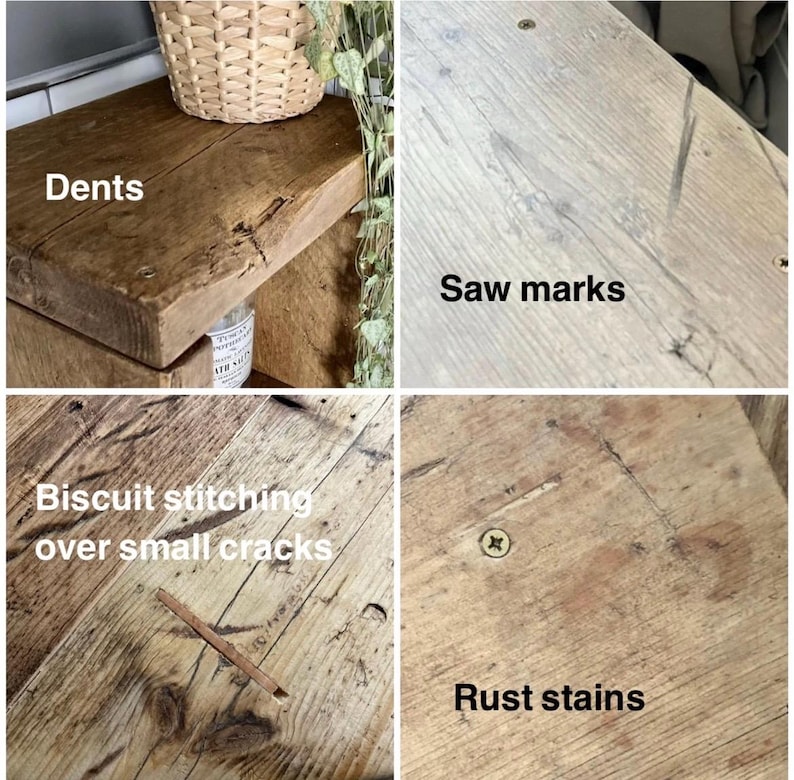 May include: Close-up of a rustic wooden surface with visible dents, saw marks, biscuit stitching over small cracks, and rust stains. The wood has a natural, aged appearance, with visible grain and imperfections.