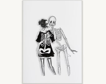 May include: Black and white illustration of a skeleton couple. One skeleton is wearing a black dress with a rib cage design. The other skeleton is leaning on the first, with a hand on its face. The artwork is on a white background.