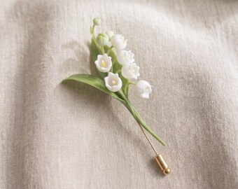 Lily of the Valley Lapel Pin, Ivory White Cold Porcelain Boutonniere, Wedding Corsage