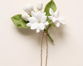 Jasmine Flower Hair Pin, Ivory White Cold Porcelain Bridal Hairpiece, Large U Pin