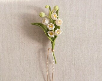 Lily of the Valley Hair Pin, Ivory White Cold Porcelain Bridal Hairpiece