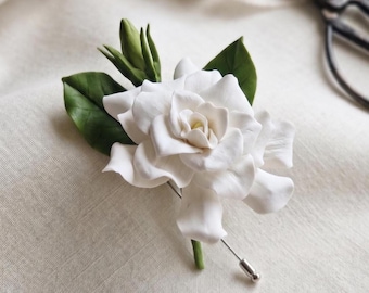 Gardenia Lapel Pin, Large Ivory White Cold Porcelain Boutonniere, Groom Wedding Stick Pin