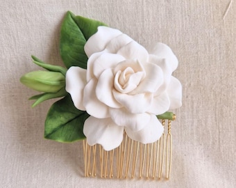 Gardenia Bridal Hair Comb, Ivory White Cold Porcelain Flower, Large Wedding Hairpiece