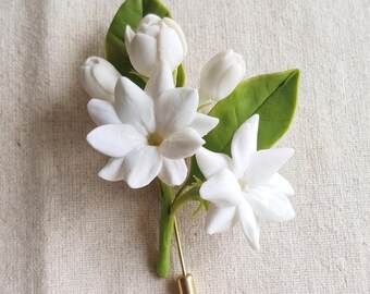 Jasmine Flower Lapel Pin, Ivory White Cold Porcelain Boutonniere, Large Wedding Corsage