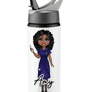 May include: White water bottle with a black and gray lid, featuring a cartoon illustration of a nurse in a blue uniform. The name "Amy" is written in black script below the illustration.