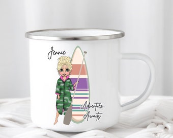 Camping Mug, Personalised Enamel Mug, Paddle Boarding Gifts, Gifts for her, Surfing Gifts, Female Sports Gift, Adventure Gift, Wild Swimmer,