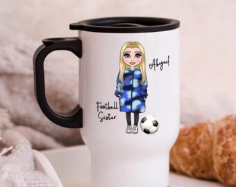 Personalized Football Sister Travel Mug: Custom Dry Robe Thermos Cup, Sports, Sibling Gifts, Little Sister, Soccer Sister,