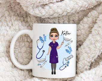 May include: White ceramic mug featuring a cartoon nurse in a purple uniform, surrounded by medical tools like a stethoscope, syringe, and face mask. The name "Katie" is written above the nurse. The mug has a white handle.