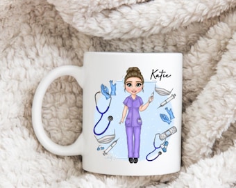 May include: White ceramic mug featuring a cartoon nurse in purple scrubs, surrounded by medical tools like a stethoscope, syringe, and bandages. The name "Katie" is written in cursive. The mug has a large, curved handle.