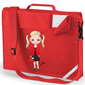 May include: A bright red school book bag with an adjustable shoulder strap and a top handle. The front features a cartoon illustration of a blonde girl with pigtails wearing a red cardigan and black skirt, with the name Sofia printed below.