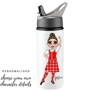 May include: White water bottle with a grey lid and a cartoon illustration of a girl in a red and white plaid dress. The bottle has the text "PERSONALISED" and "choose your own character details".