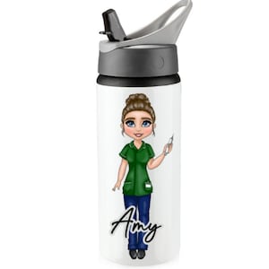 May include: White water bottle with a black and gray lid, featuring a cartoon illustration of a nurse in green scrubs and blue pants holding a syringe. The name "Amy" is written in a cursive font below the illustration.