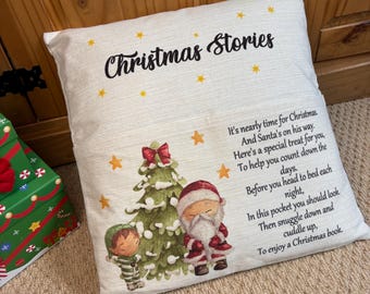 Personalisiertes Weihnachtsbuchkissen: Weihnachtswerkstatt, Elfenankunft, Lesekissen, Weihnachtsgeschichtenbuch, Kinderbuchgeschenk,