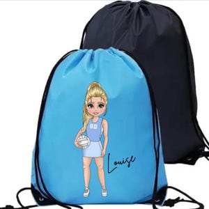 Personalisierte Netball Kordelzugtasche, Sportgeschenk, Netball Kit, benutzerdefinierte Charaktertasche,
