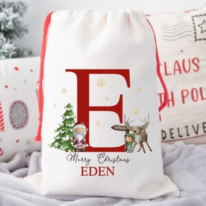 Personalised Christmas sack, Linen Christmas Sack, Gift Sack, Father Christmas design with elf, Choose your own initial, Santa Sack,