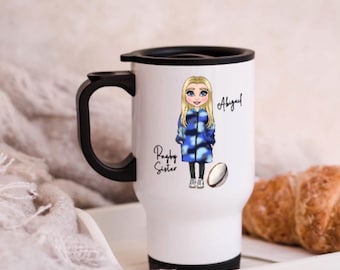 Taza personalizada para hermana de rugby, taza termo de viaje, regalo deportivo, regalos Dry Robe, hermano/a de rugby,