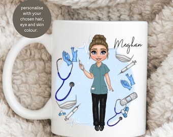 May include: White ceramic mug with a cartoon nurse design, medical equipment illustrations, and the name "Meghan". Text on the mug reads "personalise with your chosen hair, eye and skin colour."