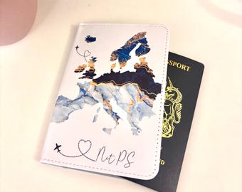 Personalized Europe Map Passport Cover, Marble Effect Travel Wallet, Luggage Tag & passport cover gift set,