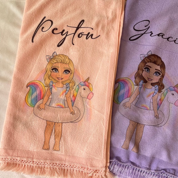 Personalized Character Beach Towel: Childrens summer towel, customized hair and eye colour