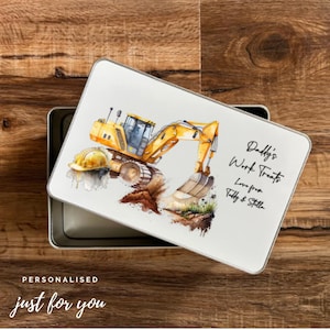 May include: A white metal tin with a watercolor illustration of a yellow excavator and a hard hat. The text "Daddy's Work Treats" and "Love from Tilly & Stella" is on the lid. The words "Personalised" and "just for you" are also printed on the tin.
