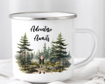 Hiking gifts, Hiking Mug, Travel Mug, Mug for her, Gifts for friends, Walking gifts, Adventure awaits, Camping Gift, Enamel Mug, Mountaineer