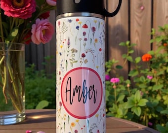 Termo personalizado con estampado de flores silvestres: Botella de agua floral, Regalos para jardineros, Regalos de primavera, Estampado de flores silvestres