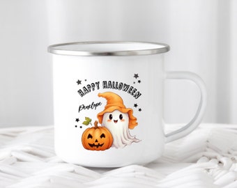 Halloween Ghost Mug, Enamel mug, Cute Ghost Gifts, Trick or treat, Pumpkin Mug, Personalised gifts, Spooky season, Gift Idea, Camping Mug,