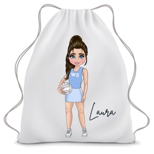 Personalized Netball Drawstring Bag, Sports Gift, Netball Kit, Custom Character bag,