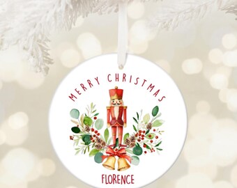Personalized Nutcracker Christmas Bauble, Ceramic Tree Ornament, Christmas Tree Decor, Red and Green Traditional Baubles,