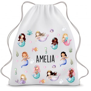 Sac à cordon fille, sac fille personnalisé, sac sirène fille, pochette à cordon, rentrée des classes, impression sirène, cartable, sac pour enfant