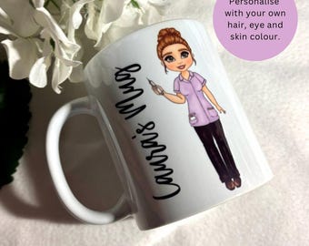 May include: A white ceramic mug featuring a cartoon illustration of a nurse with brown hair in a bun, wearing a light purple scrub top and dark pants, holding a syringe. The text "Laura's Mug" is printed in black script. A purple circle contains text.