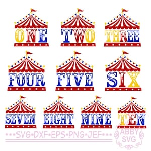 Circus nummers SVG bundel 1-10, tentnummer clipart png, carnaval verjaardag nummers gesneden bestand, circus thema feest decor afdrukbare