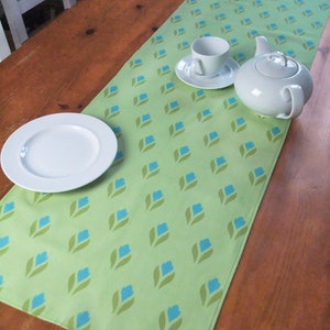 Puede incluir: Un camino de mesa verde con un patrón repetido de diseños florales azules y verdes. Un plato blanco, una taza y un platillo, y una tetera están colocados sobre el camino de mesa, que está sobre una mesa de madera. El camino de mesa añade un toque decorativo.
