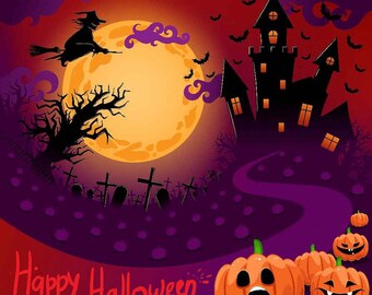 happy halloween backdrop horror night fairy tale house pumpkin face bat party banner decor photography background for photo booth