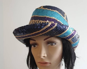 Burning man festival hat multicolour sequin unique design purple blue and gold top hat