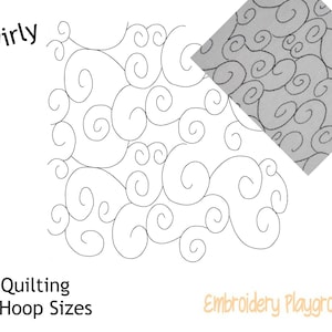 May include: A black and white digital design of a swirling pattern. The design is labeled "Swirly" and "Quilting 10 Hoop Sizes". The design is also shown stitched out on a gray fabric.