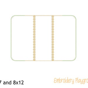 May include: A digital embroidery design featuring a rectangular frame with three vertical sections. Each section has a decorative border with a gold floral pattern. The design is available in two sizes: 5x7 and 8x12 inches. The text "Embroidery Playground" is displayed below the design.