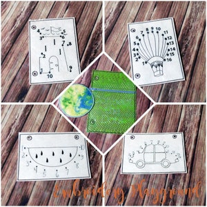 May include: A collection of connect-the-dot activity pages featuring various images, including a sailboat, hot air balloon, watermelon slice, and car. A green zippered pouch with a colorful circular patch is also present. The text "Embroidery Playground" is visible.